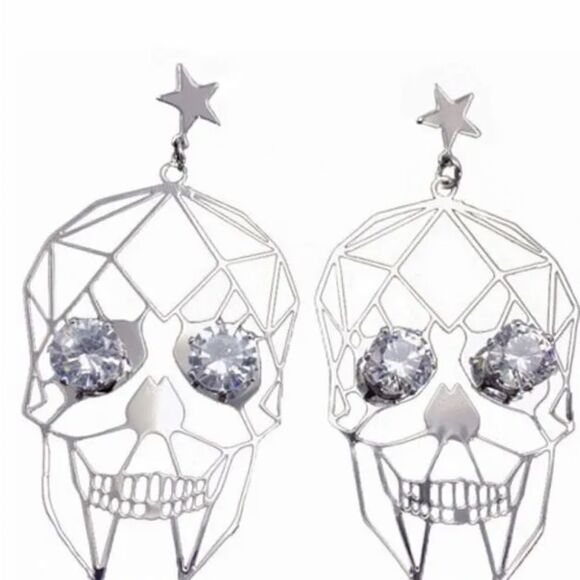 🔥💀🔥NWT Silver skull earrings with faux diamond sparkle eyes. - Picture 2 of 9